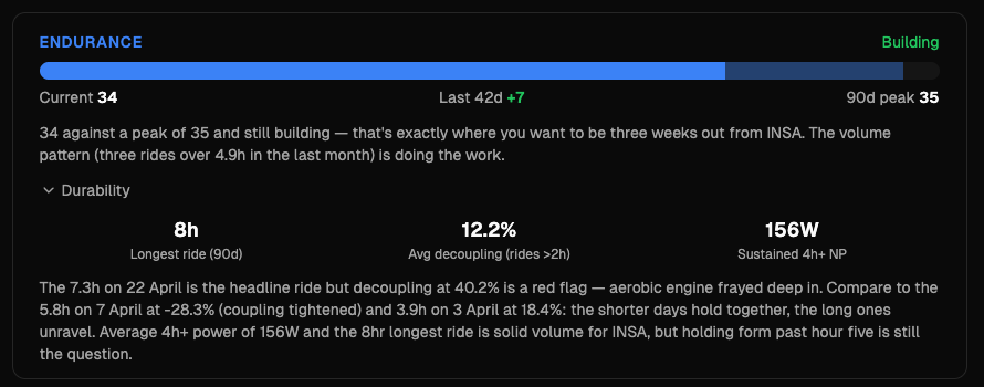 Durability panel showing longest ride, average decoupling across rides over two hours, and sustained 4h+ normalised power