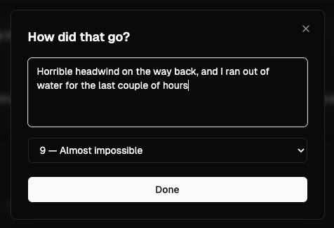 How did that go? modal with a notes field and an RPE dropdown set to 9 — Almost impossible