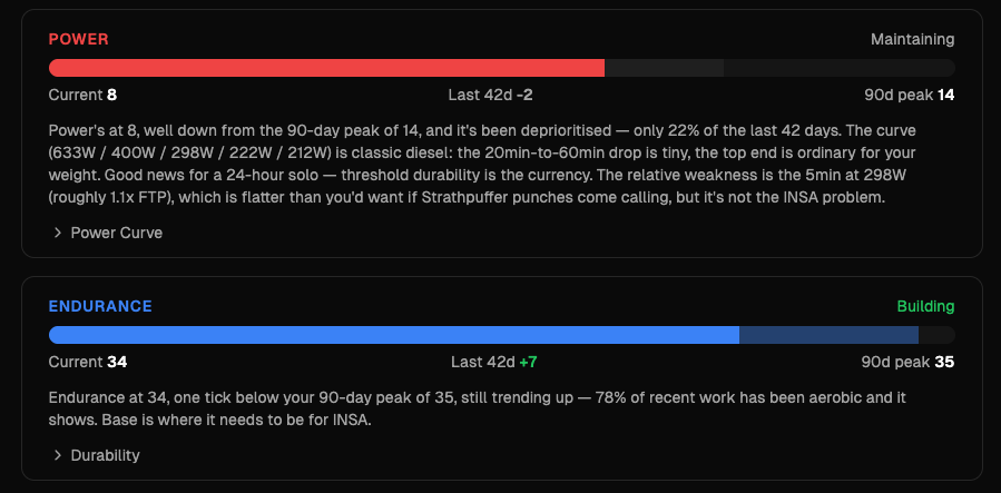 Collapsed Power and Endurance status panels showing current values, 42-day trend, 90-day peak and a short AI read-out