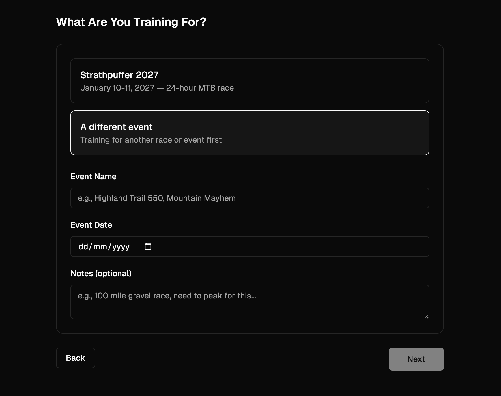 Training plan wizard showing the option to train for Strathpuffer 2027 or a different event