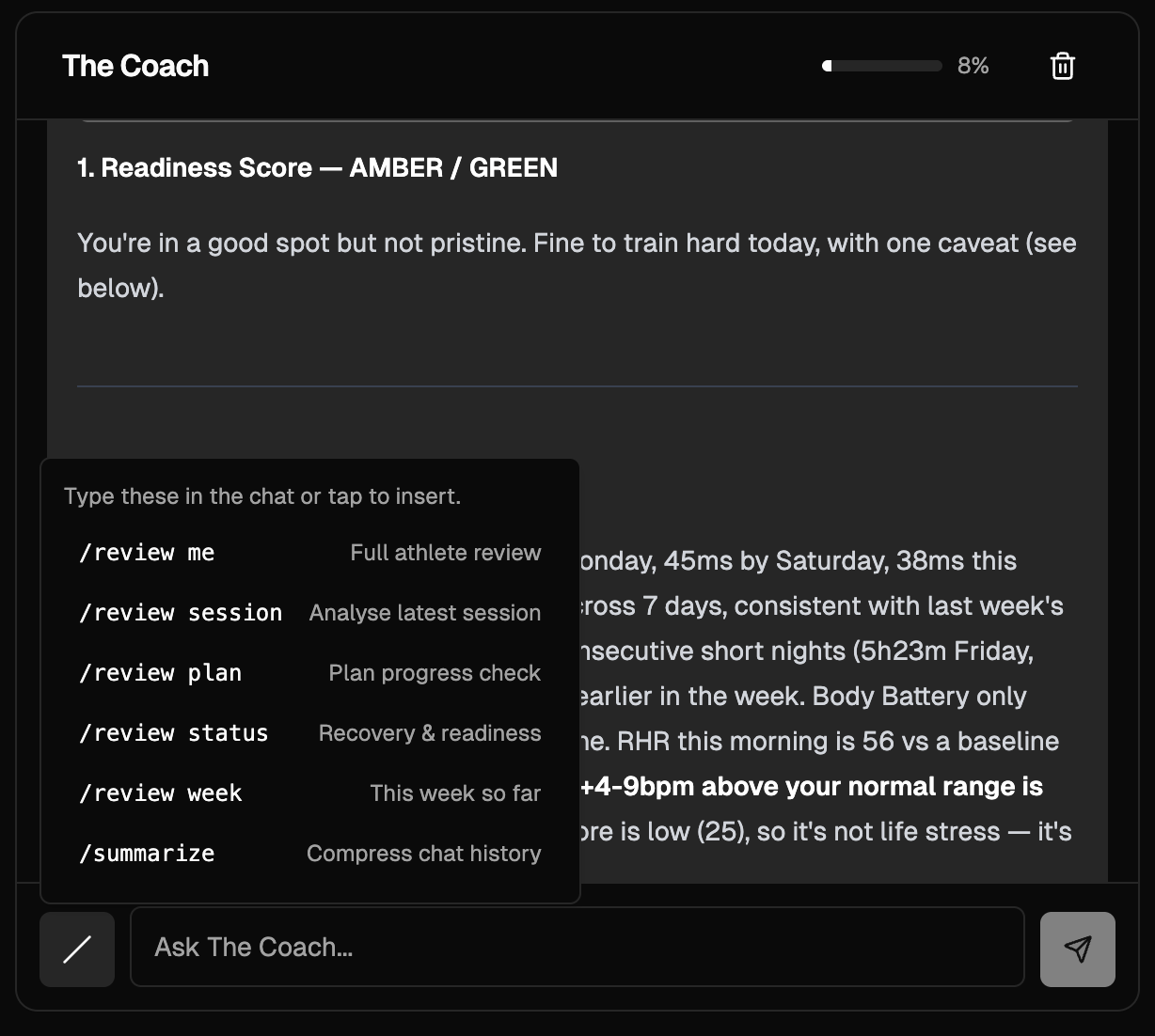 The Coach chat showing skills menu with /review session, /review status, /review plan and more