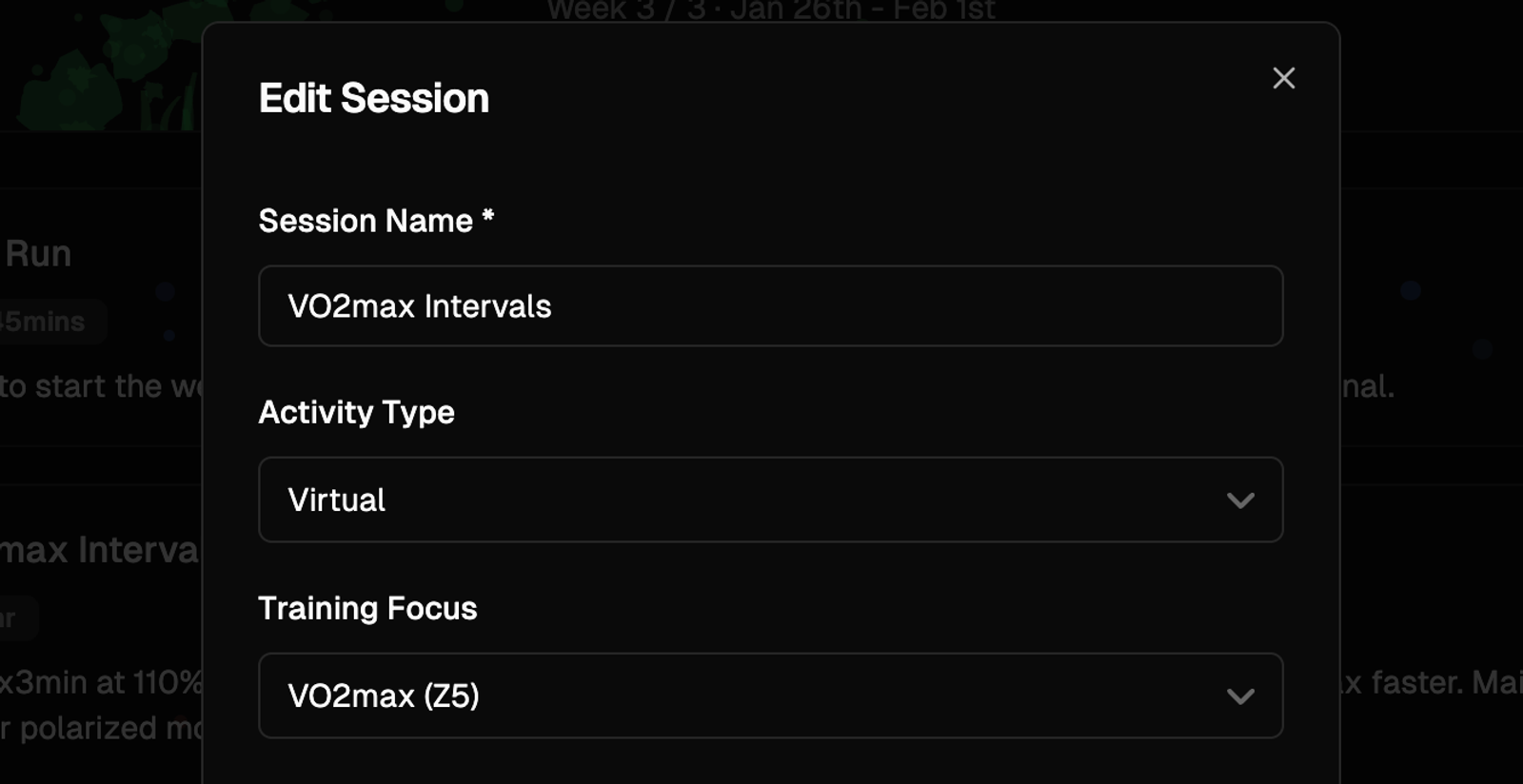 Session editor showing Activity Type and Training Focus as two separate fields