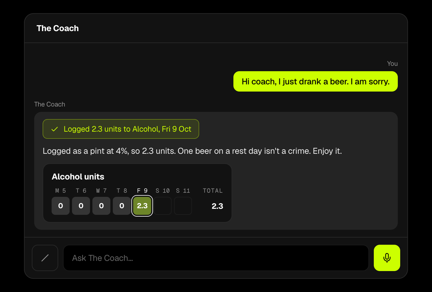 The coach logging a beer to a tracker from chat
