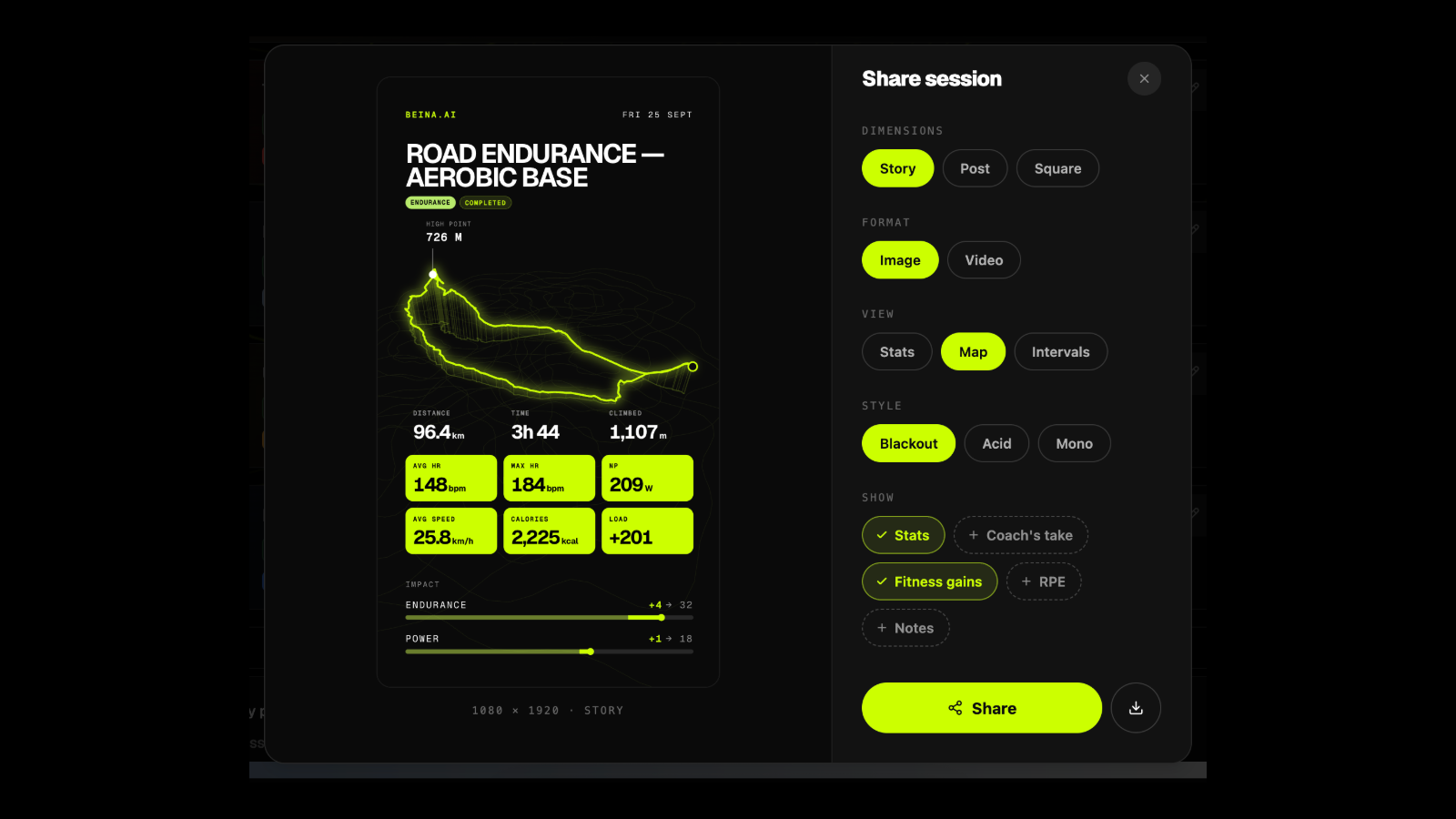 A shared session with its GPS trace, in the share dialog