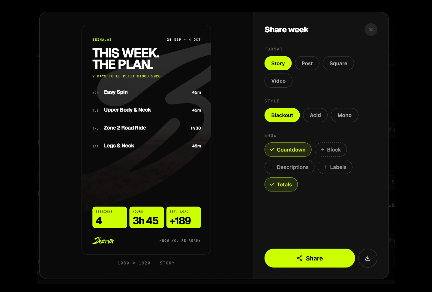 The weekly share card, before the week starts