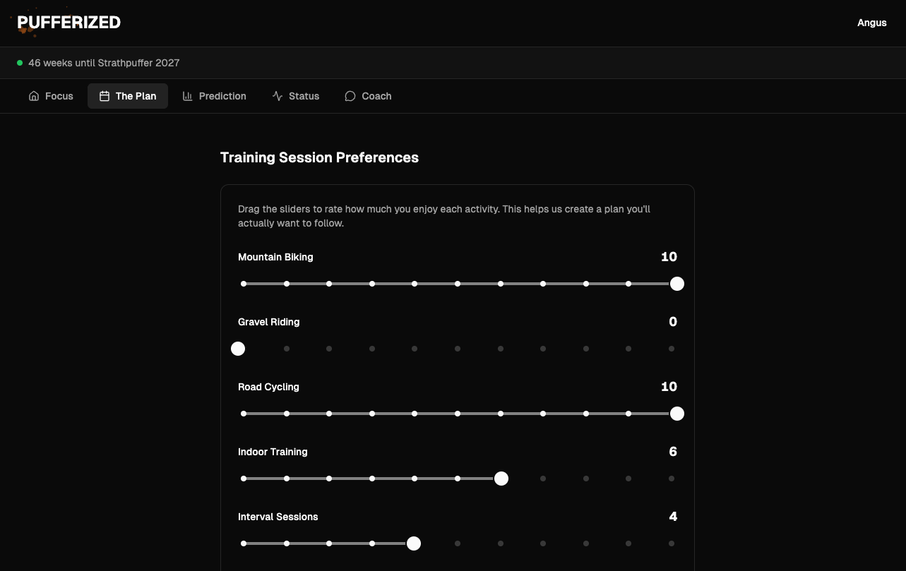 Plan creation showing training preferences (Sorry I haven't yet joined the gravel club)